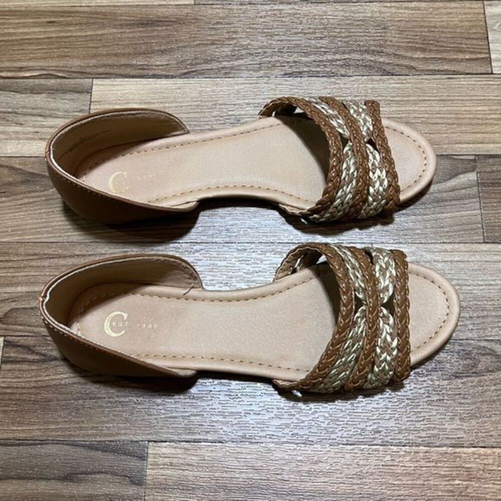 Cato Women’s Braided Straps Slip‎ On Flat Sandals Brown Gold Size 8 - Picture 3 of 8